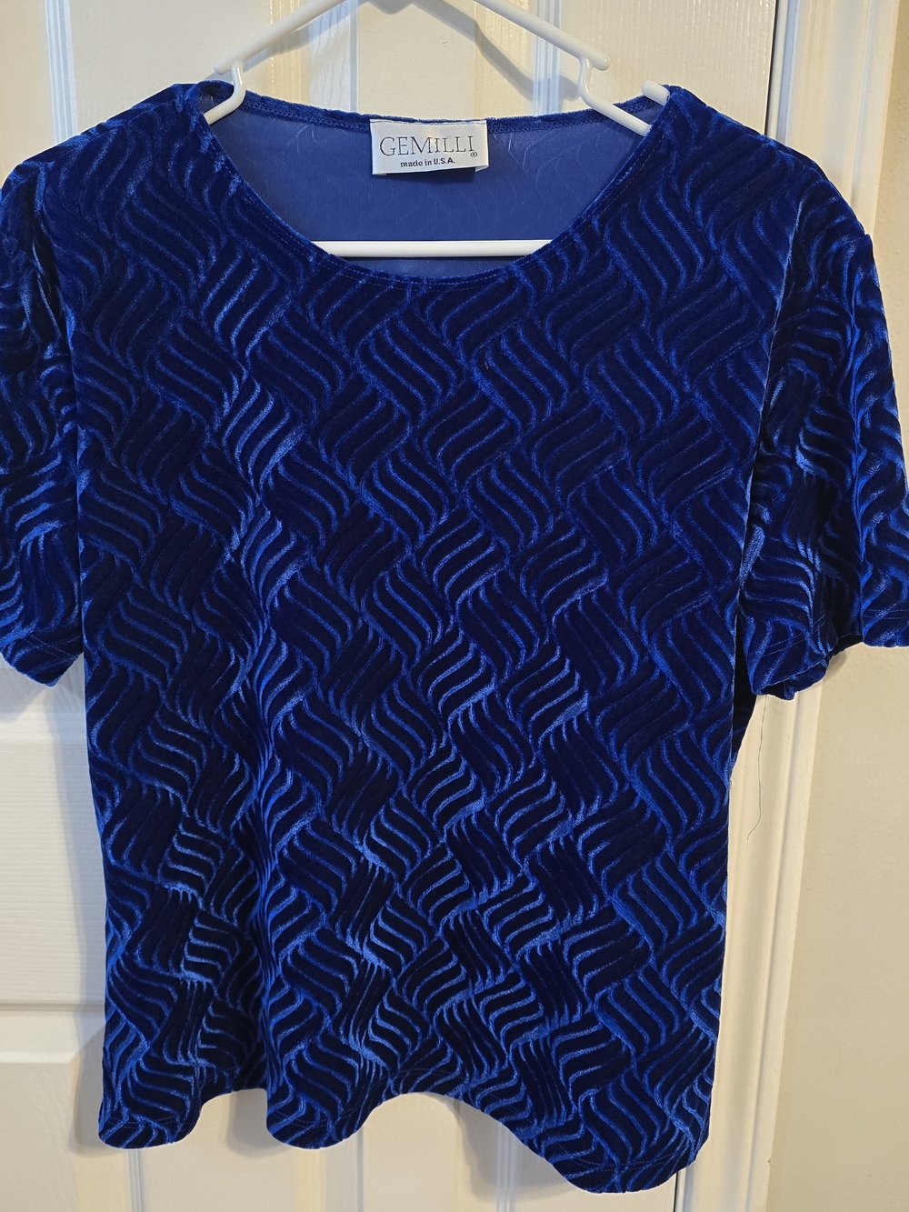 VTG 90s Gemilli Royal Blue Velvet Top Geometric Wavy Textured Blouse Made USA XL